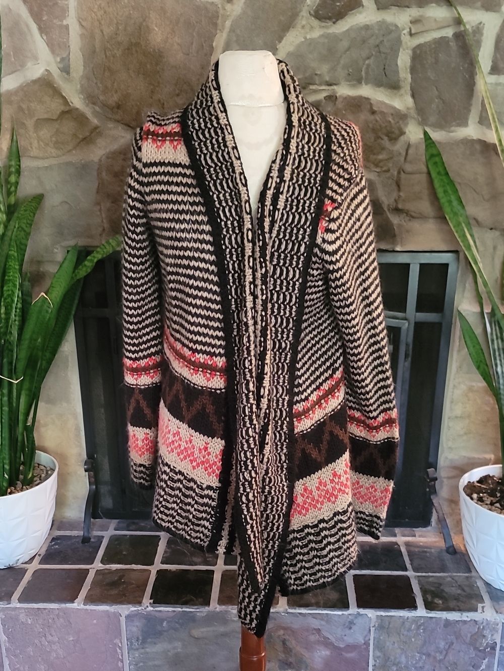 Pink Rose Brown Chunky Knit Cardigan Sz 2X Shawl Collar Duster Plus Fair Isle